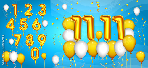 set of realistic number balloons or golden number latex balloons party or helium balloons birthday and confetti concept. eps 10 vector, easy to modify