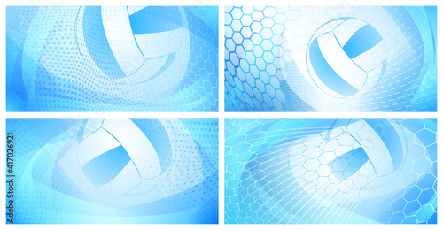 Set of four volleyball backgrounds with big ball in light blue colors