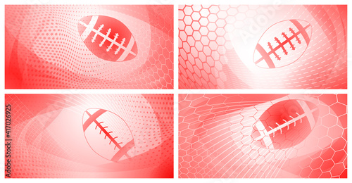 Set of four rugby backgrounds with big ball in light red colors