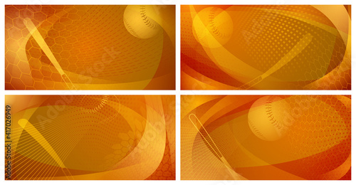 Set of four backgrounds with baseball bat and ball in yellow colors