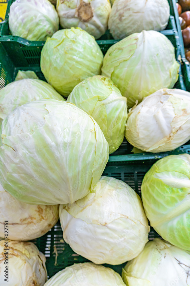 Close up of fresh green cabbage drops at a grocery store Close up of fresh green cabbage drops at a grocery store
