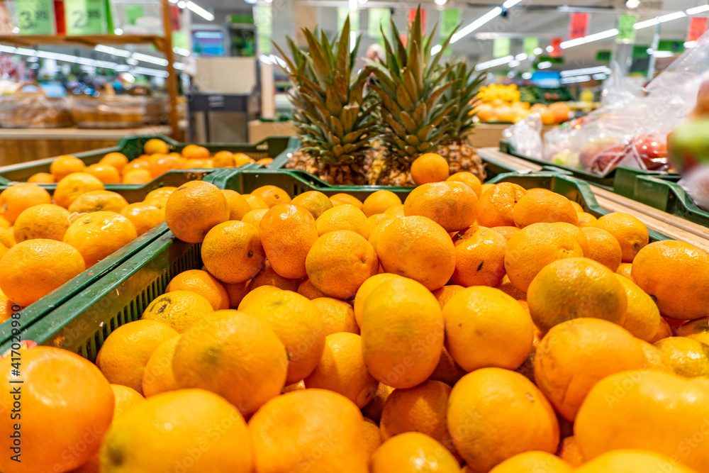 Fresh oranges, tangerines and clementines in supermarket. Assorted citrus on the market counter