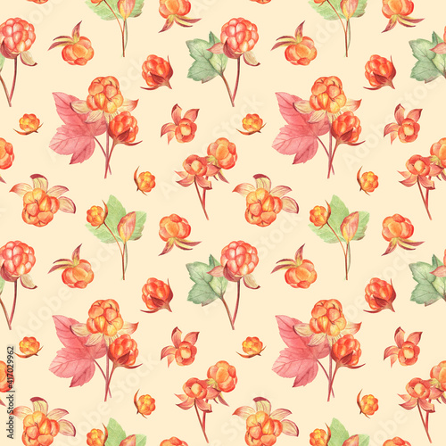 Seamless pattern with cloudberries on light orange background. Watercolor painting. Good for fabric  home decor  cottage and farmhouse styles. Beautiful Northern berries  healthy food.