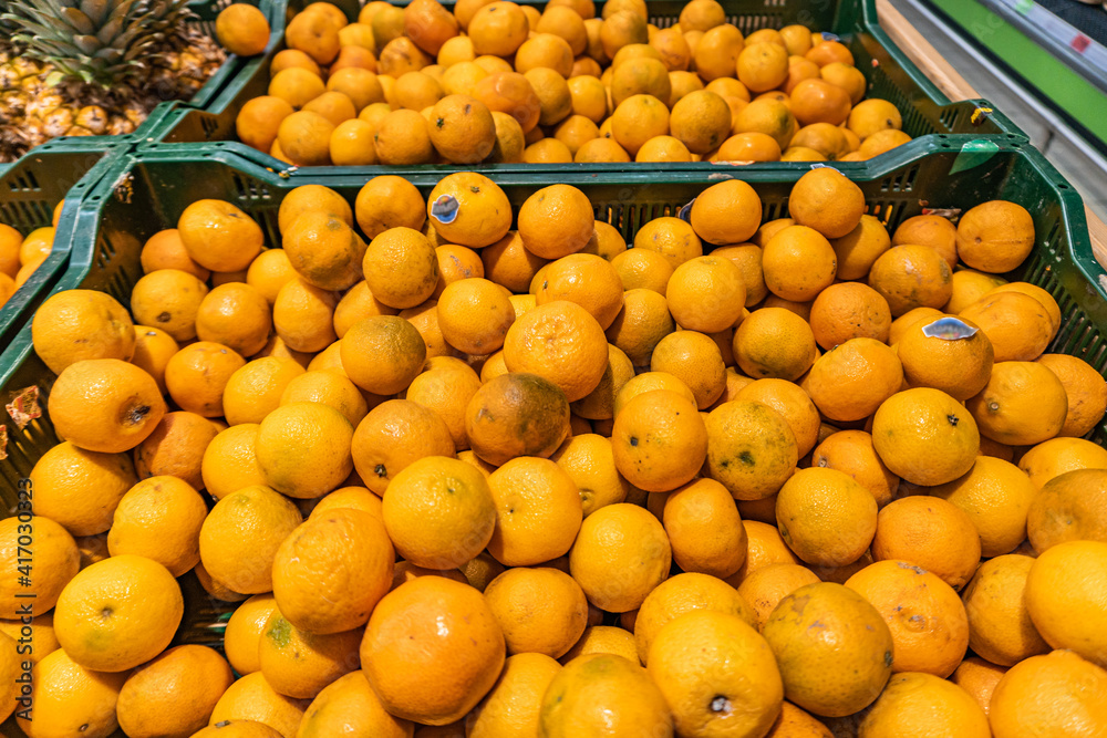 Wholesale depot of exotic fruits. Local produce at the farmers market. Fresh mandarin oranges or tangerines fruit with leaves in boxes at the open air local food market.