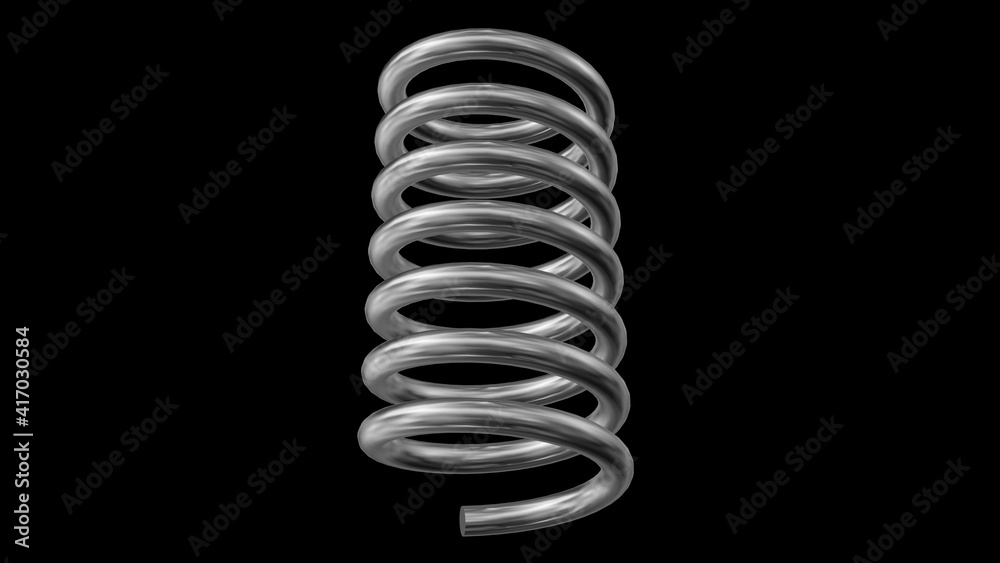Coiled spring with shiny metal surface. 3d rendering illustration . Isolated black background
