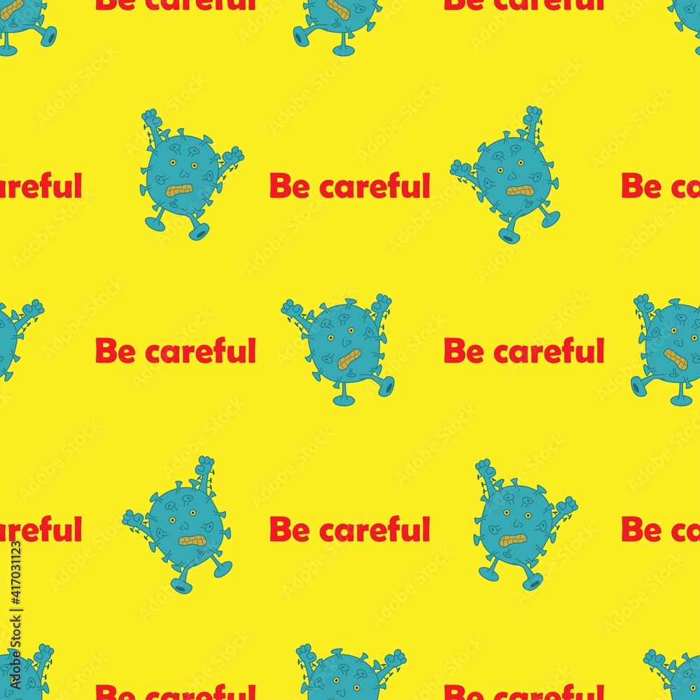 Vector illustration. Microbe with text isolated on yellow background. Seamless patterns.