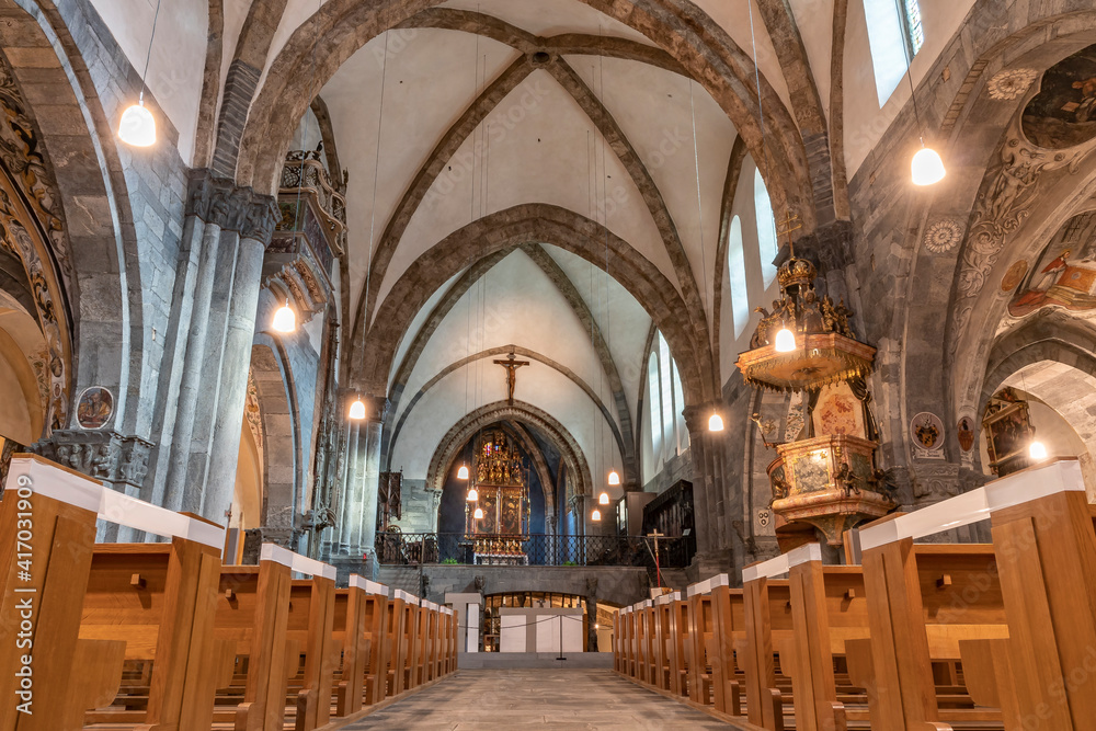 Interior of the catholic cathedral in Chur, the oldest town in Switzerland and the capital of the Swiss canton of Graubunden.