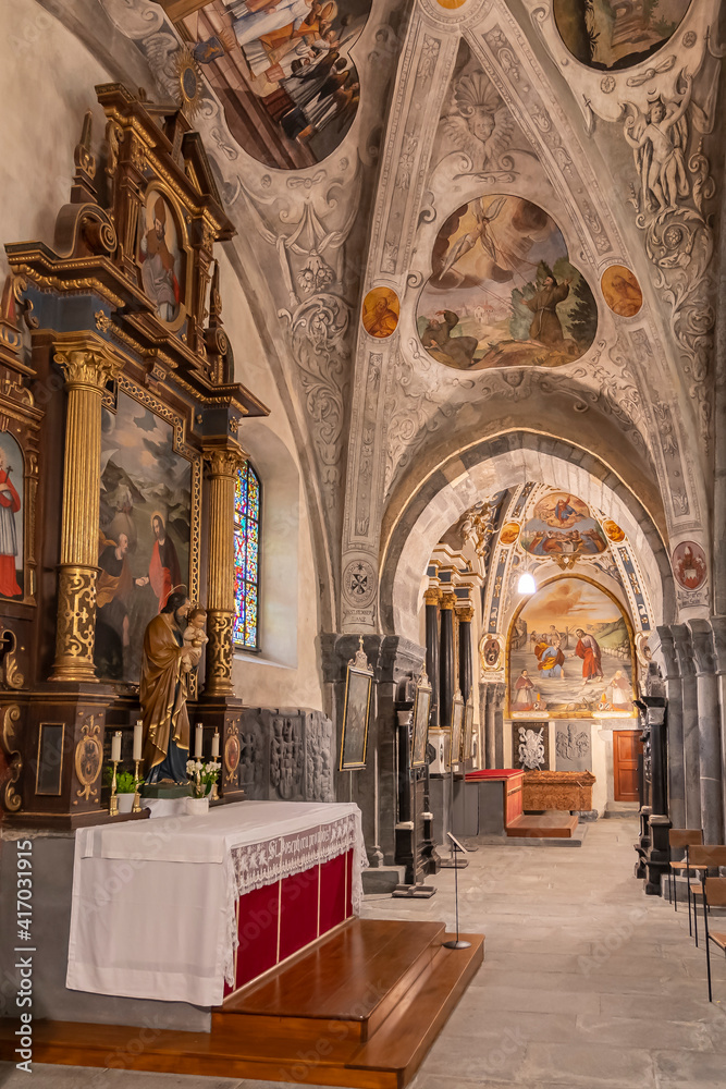 Interior of the catholic cathedral in Chur, the oldest town in Switzerland and the capital of the Swiss canton of Graubunden.