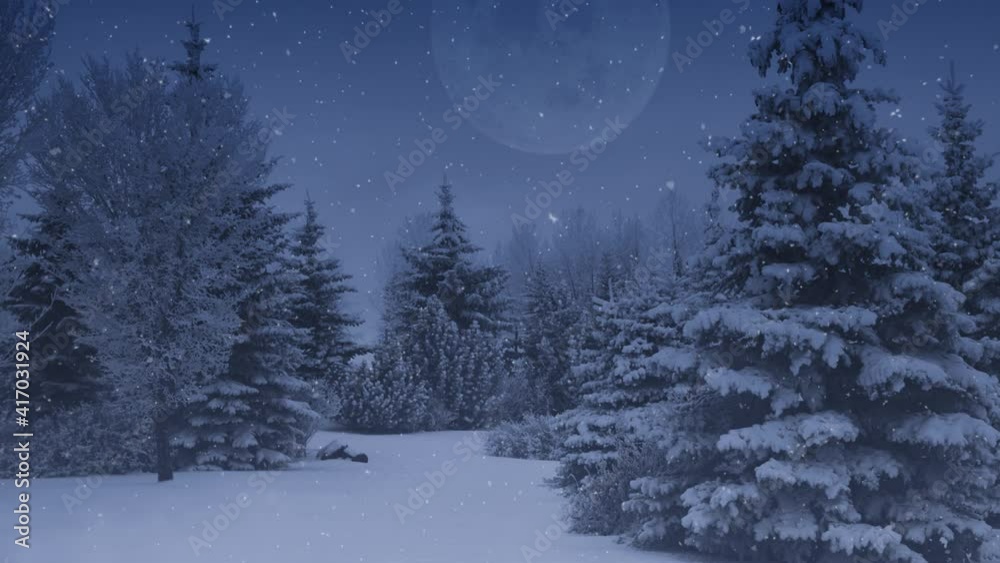 Pine Trees and Full Moon at Dusk with Snow 4K Loop features snow covered pine trees with a full moon in the sky and snow falling in a loop