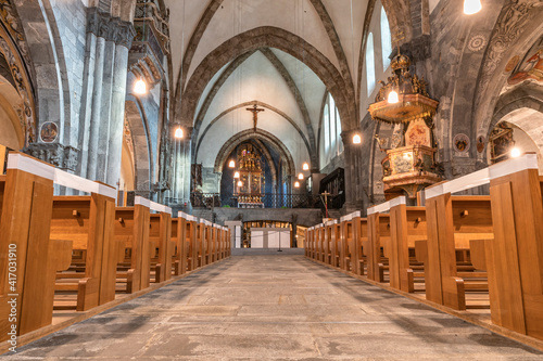 Interior of the catholic cathedral in Chur, the oldest town in Switzerland and the capital of the Swiss canton of Graubunden.