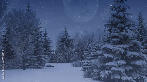 Pine Trees and Full Moon at Dusk with Snow 4K Loop features snow covered pine trees with a full moon in the sky and snow falling in a loop