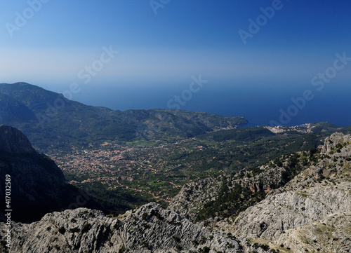 Spectacular Sea View From The Summit Of Mount L'Ofre To The Villages Of Soller And Port De Soller In The Tramuntana Mountains On Balearic Island Mallorca On A Sunny Winter Day With A Clear Blue Sky