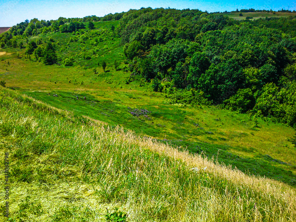 Ukrainian summer landscape near Cherkassy, hills and plans against the background of the forest and sky.