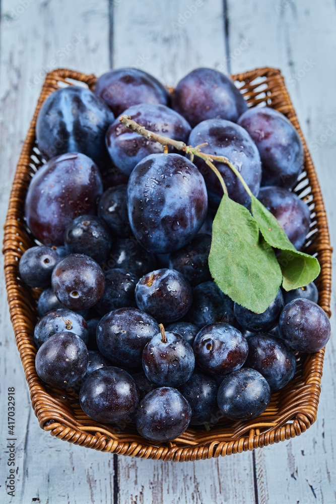 Fototapeta premium Garden plums in a basket on a blue background