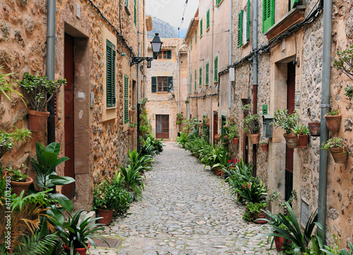 Fototapeta Naklejka Na Ścianę i Meble -  Picturesque Narrow Alley With Cozy Cottages And Green Pot Plants In Valldemossa On Balearic Island Mallorca On An Overcast Winter Day