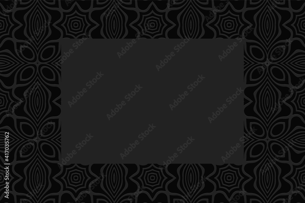 Geometric convex volumetric background from a relief ethnic pattern. Frame for text, advertising. 3d black abstract wallpaper in African folk style.