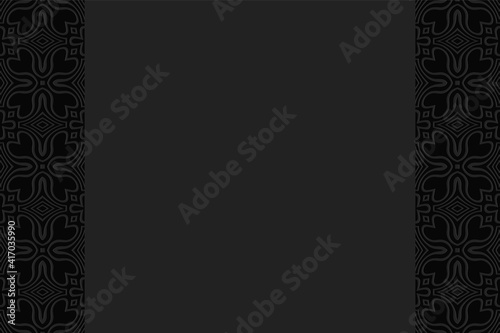 Geometric convex volumetric background from embossed ethnic pattern. Creative 3D black wallpaper in doodling style
with vertical inserts.