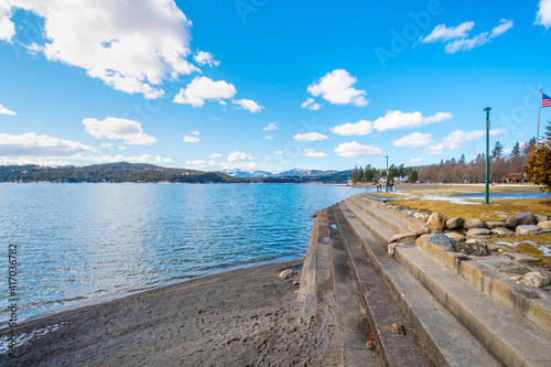 Independence Point, a 4 acre park and beach along the shores of the lake in the mountain resort town of Coeur d'Alene, Idaho, USA at winter. photo