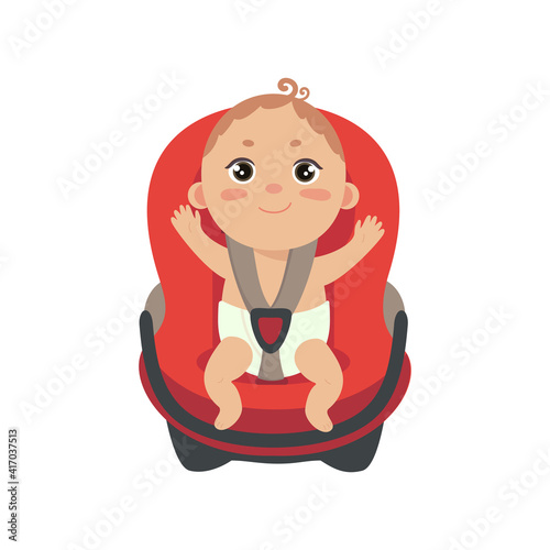 Baby boy in car chair. Cute little fastened boy sitting in automobile seat. Front view of carseat. Vector flat style illustration on white background. 