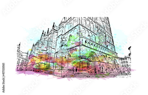 Building view with landmark of Bremen is a city straddling the Weser River in northwest Germany. Watercolour splash with hand drawn sketch illustration in vector.