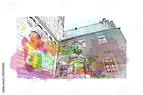 Building view with landmark of Bremen is a city straddling the Weser River in northwest Germany. Watercolour splash with hand drawn sketch illustration in vector.