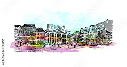 Building view with landmark of Bremen is a city straddling the Weser River in northwest Germany. Watercolour splash with hand drawn sketch illustration in vector.