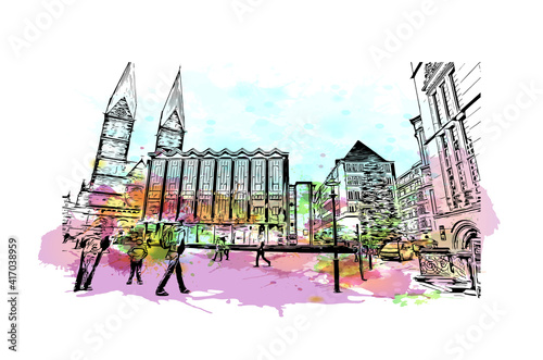 Building view with landmark of Bremen is a city straddling the Weser River in northwest Germany. Watercolour splash with hand drawn sketch illustration in vector.