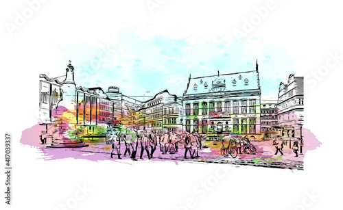 Building view with landmark of Bremen is a city straddling the Weser River in northwest Germany. Watercolour splash with hand drawn sketch illustration in vector.