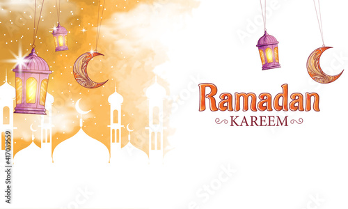 Hand-drawn watercolor ramadan kareem background with decorations moon and mosque