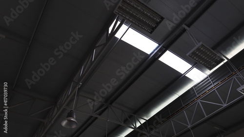 Translucent tiles on the roof. Sunlight shines through the translucent roof sheet in bottom view with a copy area. Selective focus