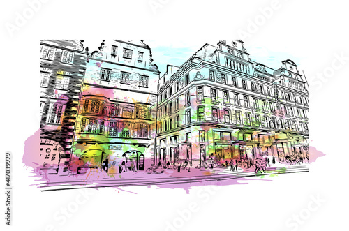 Building view with landmark of Bremen is a city straddling the Weser River in northwest Germany. Watercolour splash with hand drawn sketch illustration in vector.