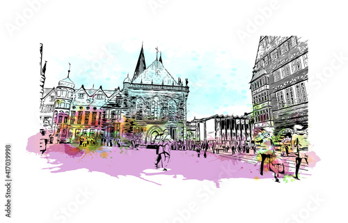 Building view with landmark of Bremen is a city straddling the Weser River in northwest Germany. Watercolour splash with hand drawn sketch illustration in vector.