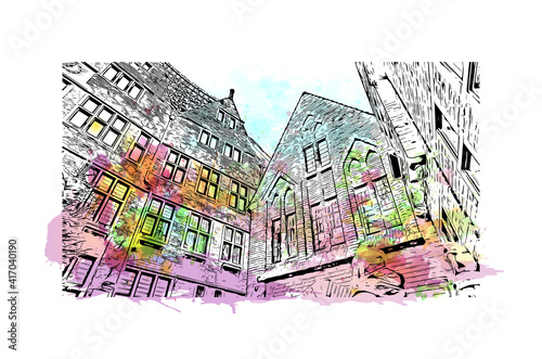 Building view with landmark of Bremen is a city straddling the Weser River in northwest Germany. Watercolour splash with hand drawn sketch illustration in vector.