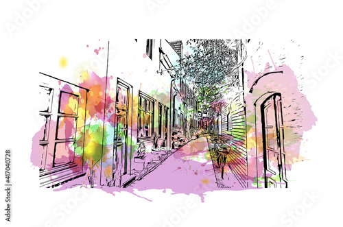 Building view with landmark of Bremen is a city straddling the Weser River in northwest Germany. Watercolour splash with hand drawn sketch illustration in vector.