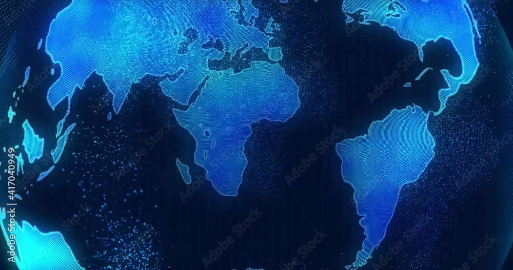 Planeta azul holograma 3d rotando digital tierra iluminada con partículas sobre fondo oscuro	
