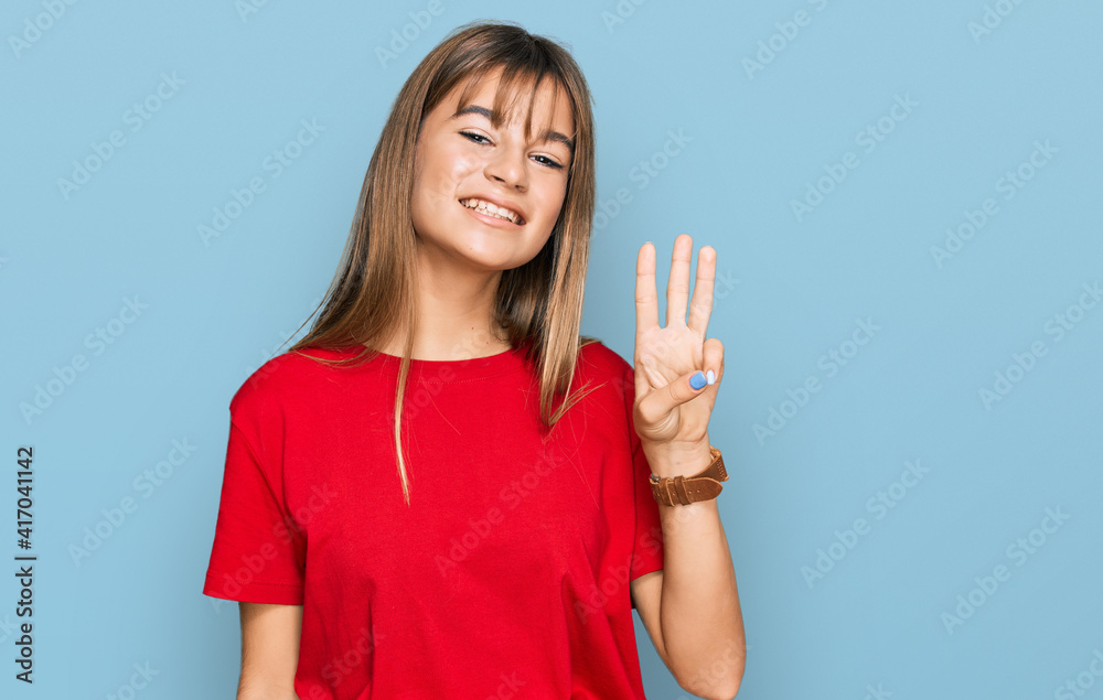 Teenager caucasian girl wearing casual red t shirt showing and pointing up with fingers number three while smiling confident and happy. Teenager caucasian girl wearing casual red t shirt showing and pointing up with fingers number three while smiling confident and happy.