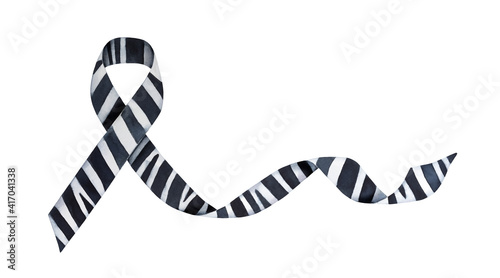 Watercolour illustration of Zebra print ribbon. Symbol of rare diseases, neuroendocrine tumor, carcinoid cancer, Ehlers-Danlos Syndromes. Hand drawn water color painting, cut out clip art detail.