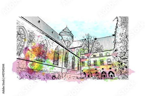 Building view with landmark of Bremen is a city straddling the Weser River in northwest Germany. Watercolour splash with hand drawn sketch illustration in vector.