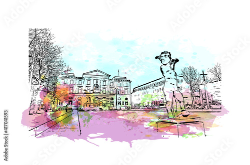 Building view with landmark of Bremen is a city straddling the Weser River in northwest Germany. Watercolour splash with hand drawn sketch illustration in vector.