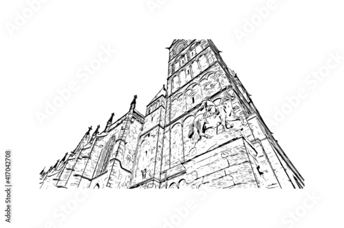 Building view with landmark of Bremen is a city straddling the Weser River in northwest Germany. Hand drawn sketch illustration in vector.