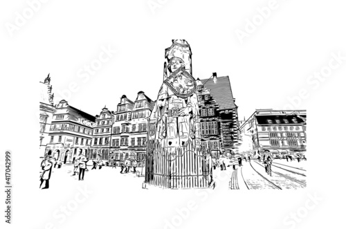 Building view with landmark of Bremen is a city straddling the Weser River in northwest Germany. Hand drawn sketch illustration in vector.