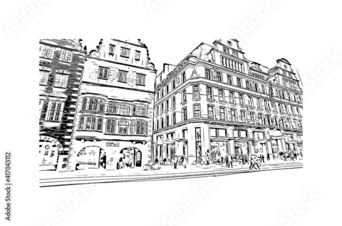 Building view with landmark of Bremen is a city straddling the Weser River in northwest Germany. Hand drawn sketch illustration in vector.