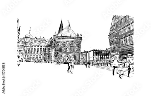 Building view with landmark of Bremen is a city straddling the Weser River in northwest Germany. Hand drawn sketch illustration in vector.
