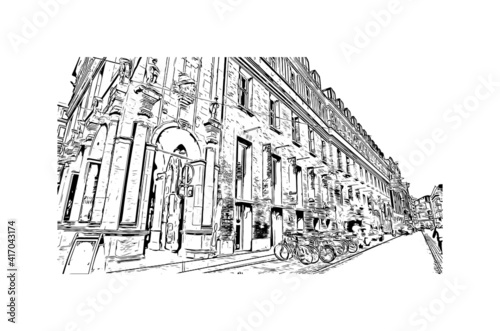 Building view with landmark of Bremen is a city straddling the Weser River in northwest Germany. Hand drawn sketch illustration in vector.