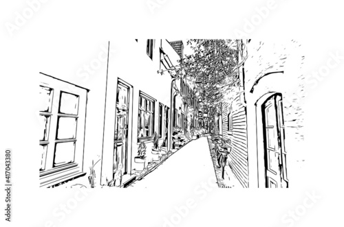 Building view with landmark of Bremen is a city straddling the Weser River in northwest Germany. Hand drawn sketch illustration in vector.