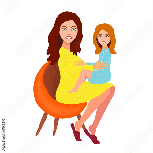 Happy little girl sitting in arms of young loving mother holding. Mom hugs daughter. Young beautiful woman sitting in a chair and holding her baby.