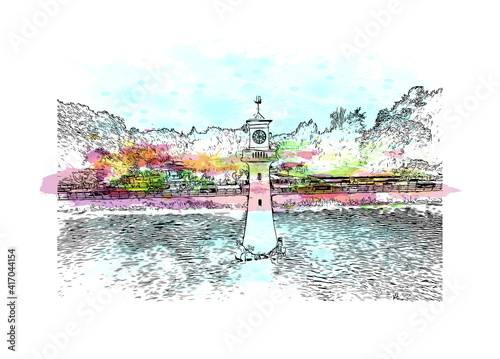 Building view with landmark of Cardiff is the capital city of Wales and a county. Watercolour splash with hand drawn sketch illustration in vector.