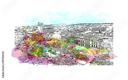 Building view with landmark of Cardiff is the capital city of Wales and a county. Watercolour splash with hand drawn sketch illustration in vector.