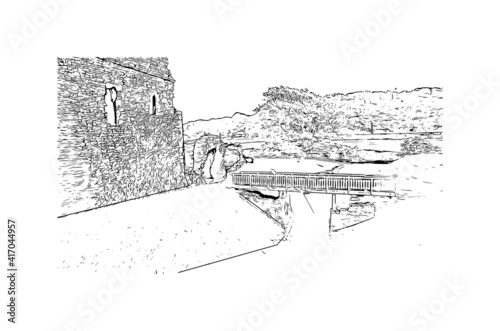 Building view with landmark of Cardiff is the capital city of Wales and a county. Hand drawn sketch illustration in vector.