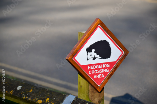 Hedgehog Crossing Area sign on the road, Coventry, England, UK photo